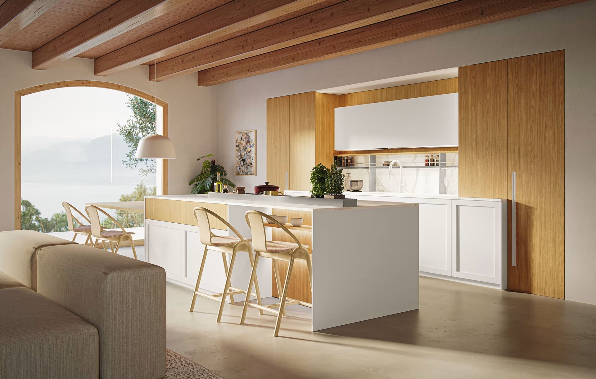 Cuisine bois blanc avec façades claires et plan de travail en bois naturel
