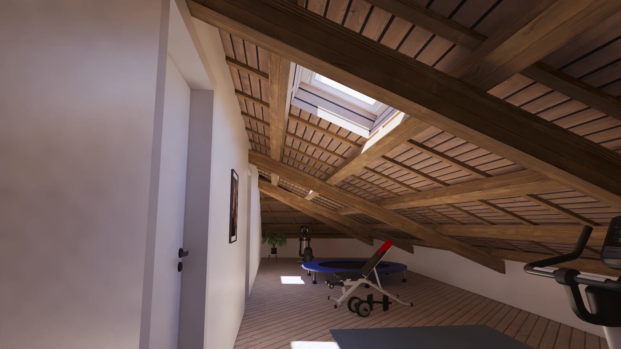 Chambre installée dans des combles aménageables avec fenêtre de toit et charpente apparente
