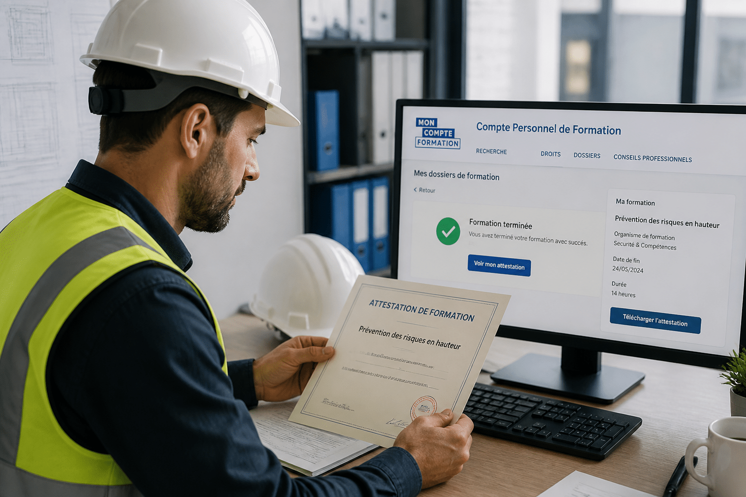 Professionnel du bâtiment consultant un dossier de certification BTP sur chantier