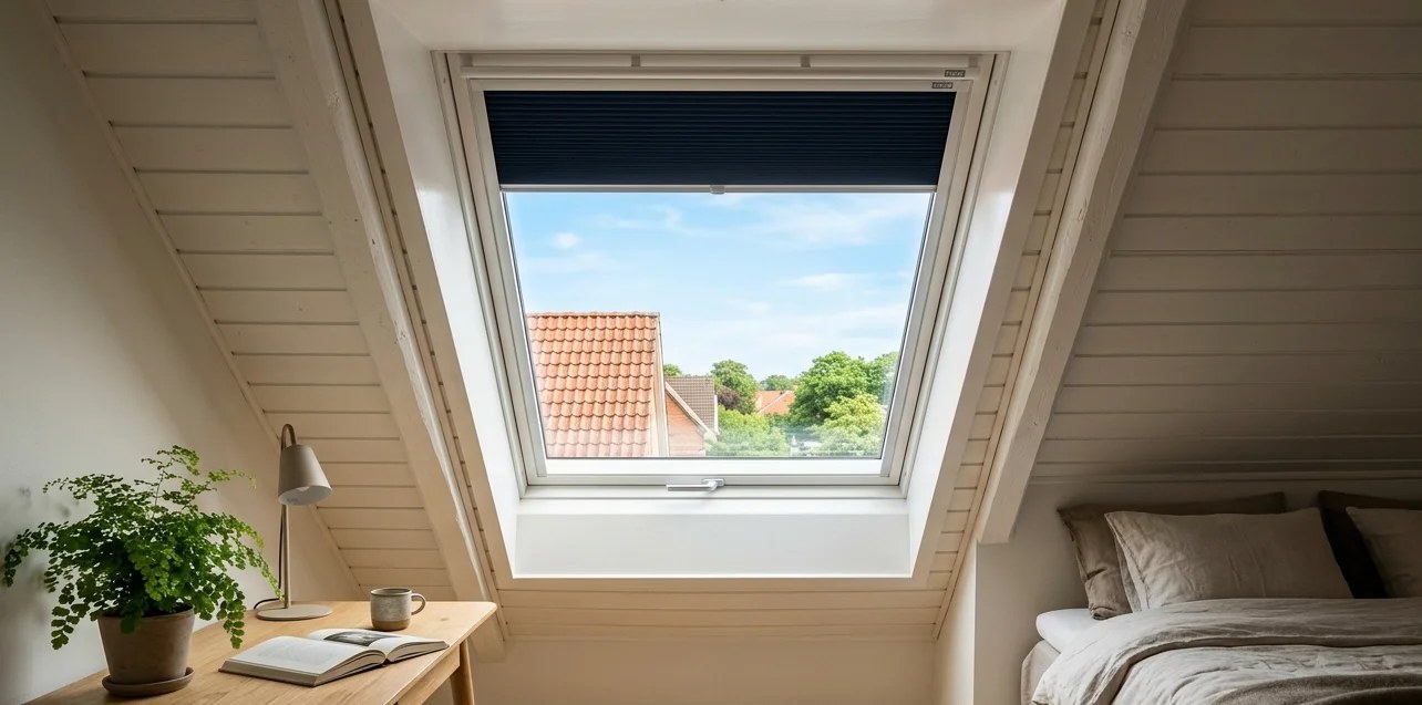 Fenêtre de toit Velux ouverte dans une charpente, vue du cadre et des dimensions
