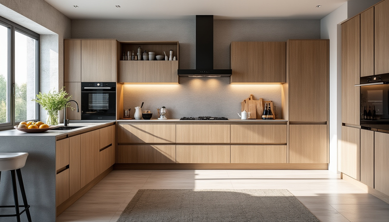 Façades claires et plan de travail d'une cuisine équipée présentée en showroom par un cuisiniste