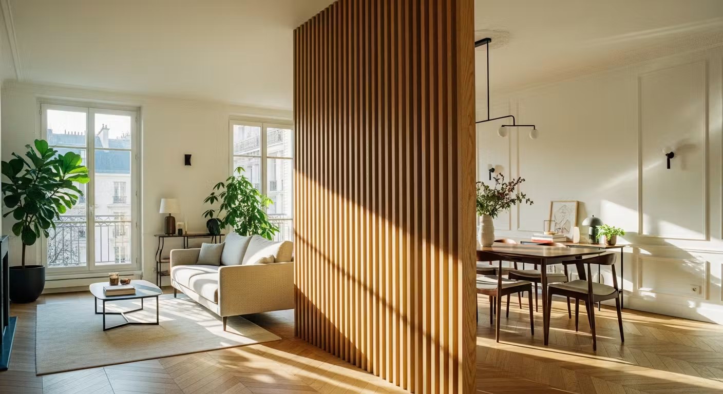 Séparation en bois ajourée installée entre un salon et un espace repas