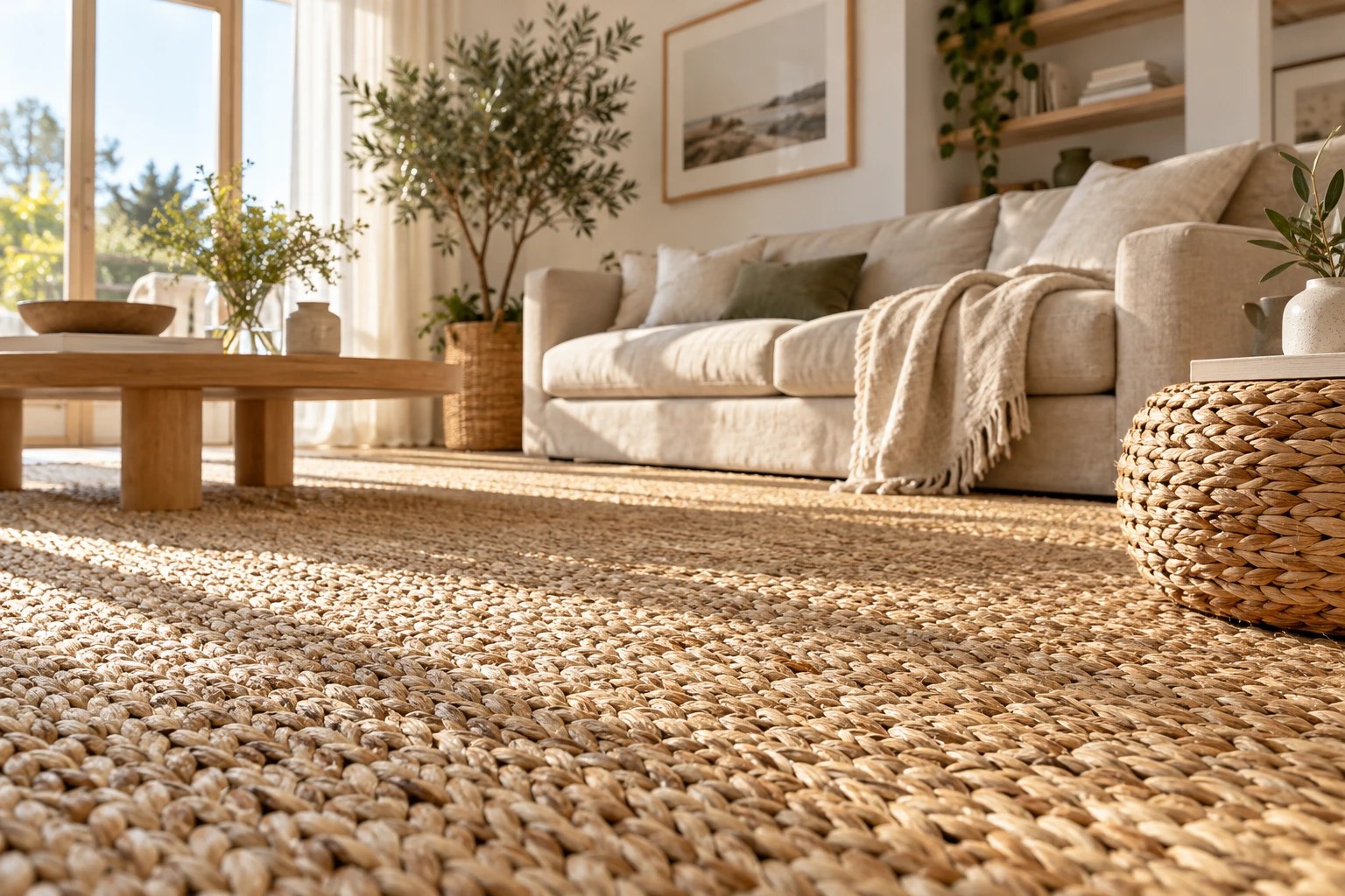 Tapis en jonc de mer naturel tissé posé sur le parquet d'un salon lumineux